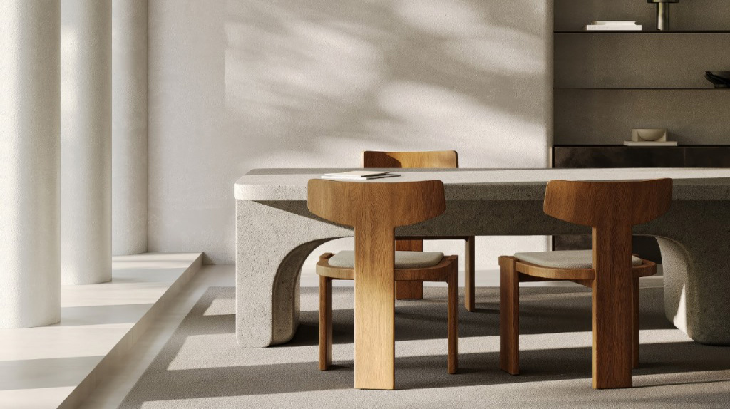 Create a high-resolution image of a modern, open-concept living space that seamlessly transitions from a sketch to a fully rendered 3D visualization. On the left side of the image, depict the dining area with furniture and architectural elements in a clean, detailed line drawing style. Gradually transition to the right side of the image, where the living area should be fully rendered in realistic 3D. Include modern furniture, large windows, and an open staircase leading to an upper level. The overall composition should emphasize the transformation from concept to reality, showcasing the design process and the final, fully realized interior space. - --ar 16:9 Job ID: 3a9386f3-29f0-4b8b-8954-9bc4d4b1b4de