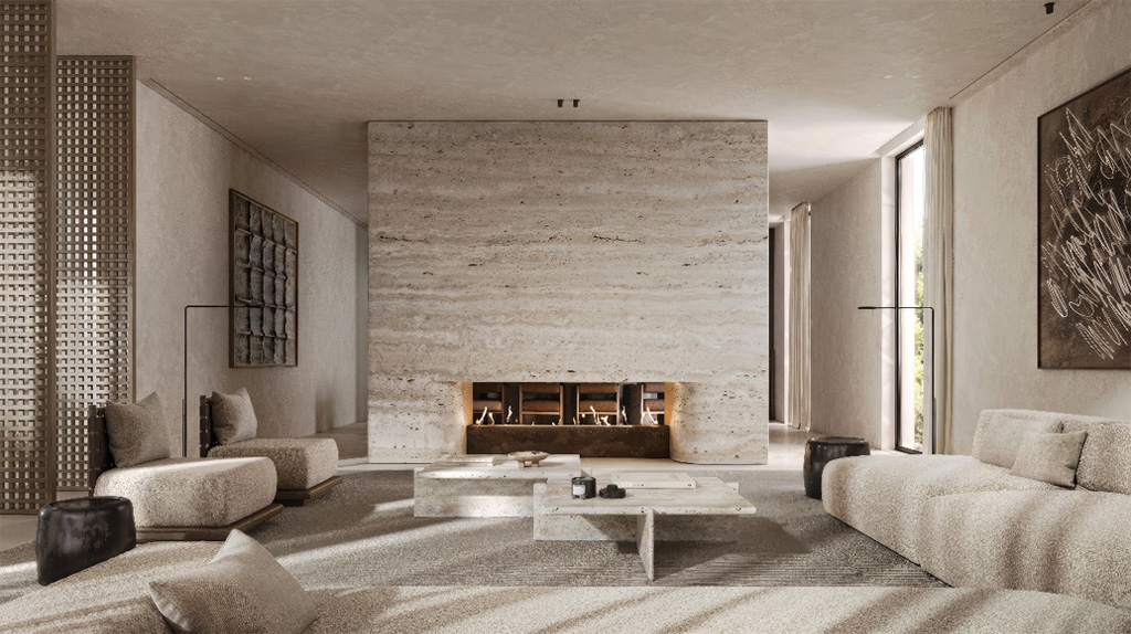 Create a high-resolution image of a modern, open-concept living space that seamlessly transitions from a sketch to a fully rendered 3D visualization. On the left side of the image, depict the dining area with furniture and architectural elements in a clean, detailed line drawing style. Gradually transition to the right side of the image, where the living area should be fully rendered in realistic 3D. Include modern furniture, large windows, and an open staircase leading to an upper level. The overall composition should emphasize the transformation from concept to reality, showcasing the design process and the final, fully realized interior space. - --ar 16:9 Job ID: 3a9386f3-29f0-4b8b-8954-9bc4d4b1b4de